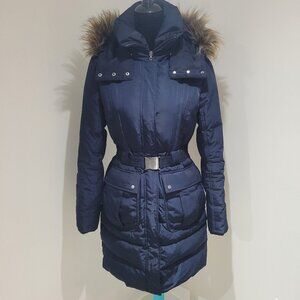 Cole Haan Navy Faux-Fur Trim Belted Puffer Coat